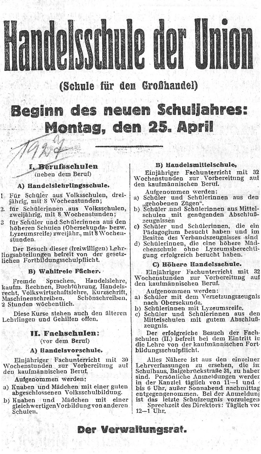 Bildungsangebot der Handelsschule 1927