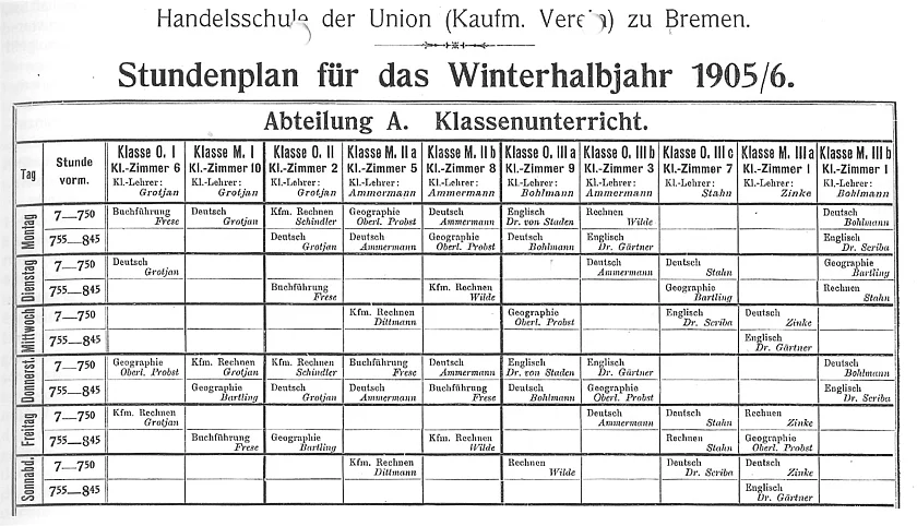 Stundenplan für Auszubildende 1905/06