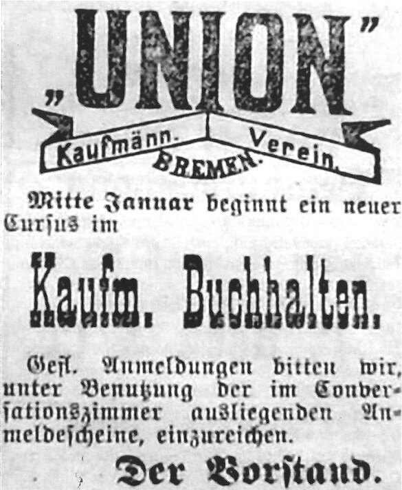 Werbeplakat des Kaufmännischen Vereins UNION für den Kurs Kaufm. Buchhalten, von 1902