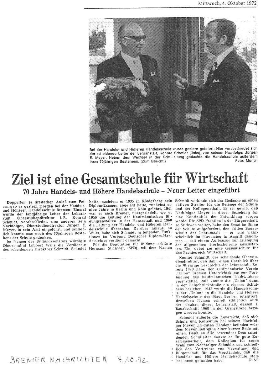 Wechsel in der Schulleitung 1972