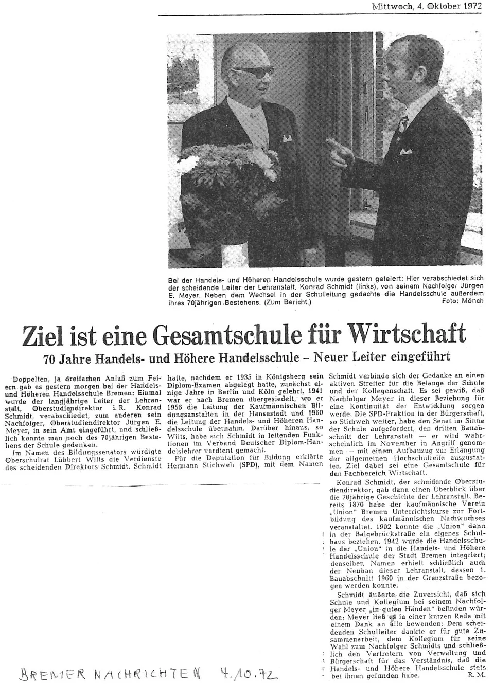 Wechsel in der Schulleitung 1972
