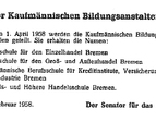 Dokument über die Teilung der Kaufmännischen Bildungsanstalten Bremen von 1958
